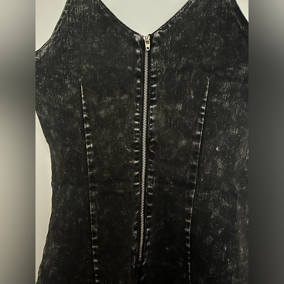Black Denim Mini Dress Small Stretchy With Zipper On The Back V Neck - Picture 3 of 5